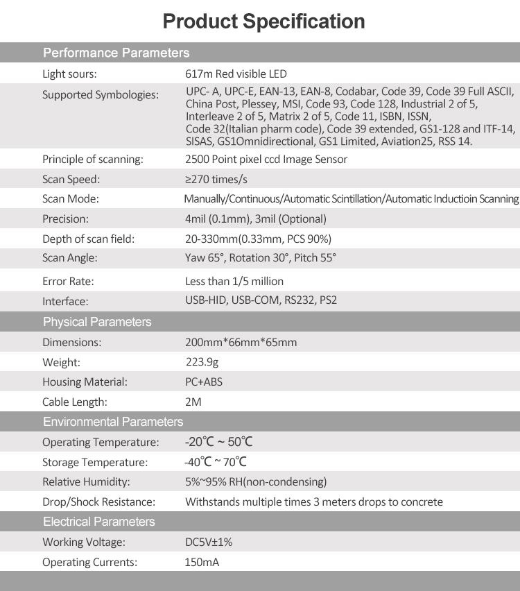 1D Wired Red Light CCD Barcode Scanner Handheld HighEffective Barcode
